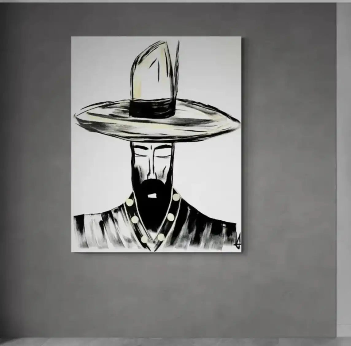 Monochrome painting of a bearded man in a wide-brimmed hat.