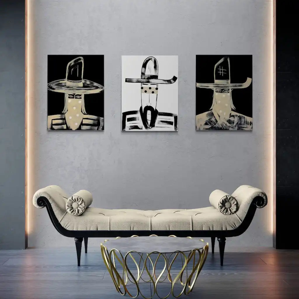 Three abstract cowboy paintings.